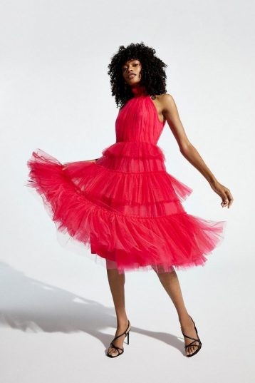 Coast High Neck Tulle Tiered Midi Dress Hot Pink