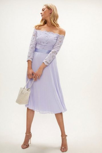 Lace Bodice Bardot Midi Dress lilac