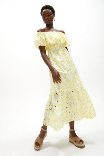 Coast Midi Ruffle Broderie Maxi Dress Yellow White