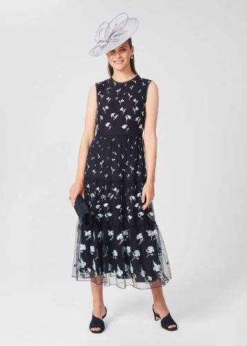 Hobbs Bethany Embroidered Floral Dress Navy Blue White