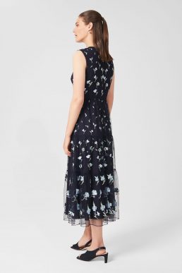 Hobbs Bethany Embroidered Floral Dress Navy Blue White