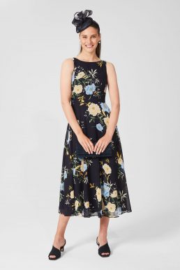 Hobbs Carly Floral Midi Dress Navy Blue Yellow