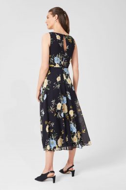 Hobbs Carly Floral Midi Dress Navy Blue Yellow