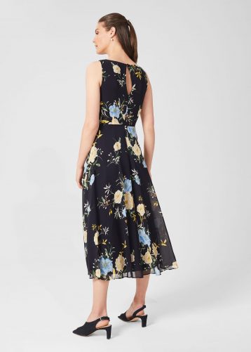 Hobbs Carly Floral Midi Dress Navy Blue Yellow