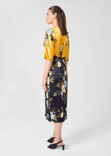 Hobbs Farrah Satin Floral Midi Dress, Navy/Yellow/Multi - Image 2