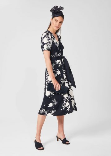 Hobbs Indah Satin Floral Shirt Dress Black White