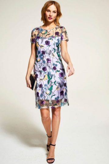 Hot Squash Embroidered Cap Sleeve Party Dress White Multi Lilac