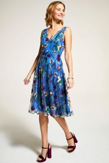 Hot Squash Embroidered V Neck Fit n Flare Dress Blue Multi