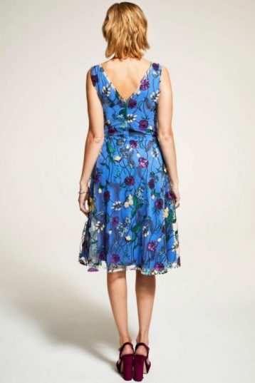 Hot Squash Embroidered V Neck Fit n Flare Dress Blue Multi