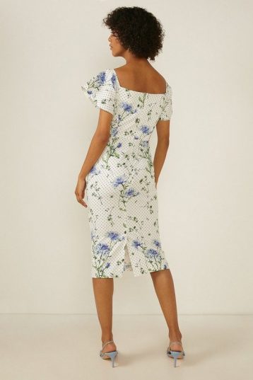 Oasis Floral Spot Wrap Detail Bardot Pencil Dress White Multi