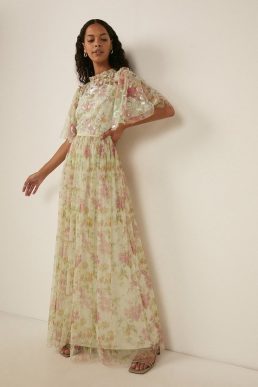 Oasis Embellished Muted Floral Maxi Dress Soft Green