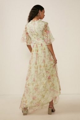 Oasis Embellished Muted Floral Maxi Dress Soft Green