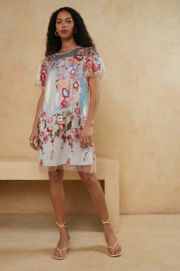 Oasis Embroidered Floral Sequin Shift Dress Multi