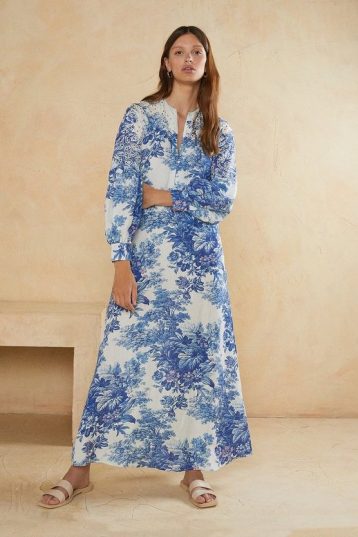 Oasis Embroidery Printed Floral Sleeve Maxi Dress Blue White