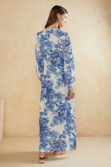 Oasis Embroidery Printed Floral Sleeve Maxi Dress Blue White