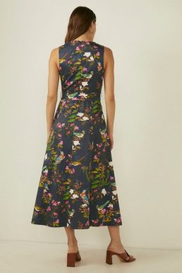 Oasis Rhs Bird Print Midi Dress Navy Multi