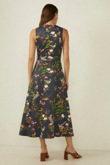 Oasis Rhs Bird Print Midi Dress Navy Multi