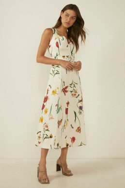 Oasis RHS Tulip Print Midi Dress White Multi