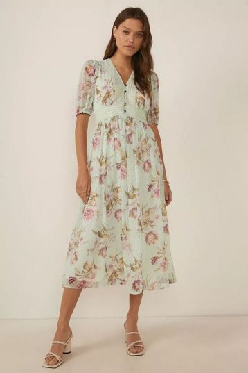 Oasis Soft Floral Printed Dobby Chiffon Midi Dress Mint Multi