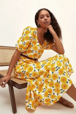 Oasis Textured Tiered Sunflower Midi Dress Multi Orange White