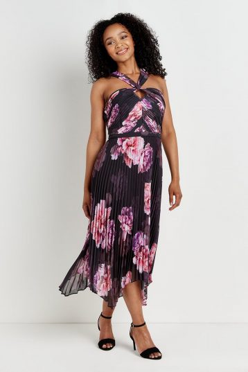 Wallis Black & Pink Floral Pleated Halterneck Dress Multi