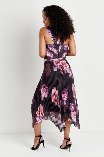 Wallis Black & Pink Floral Pleated Halterneck Dress Multi