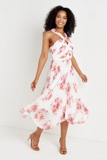 Wallis Ivory & Pink Floral Pleated Halterneck Dress Multi