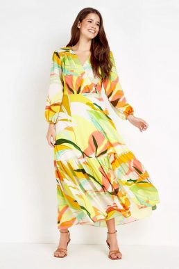 Wallis Lime Abstract Tiered Maxi Dress Yellow Orange Multi