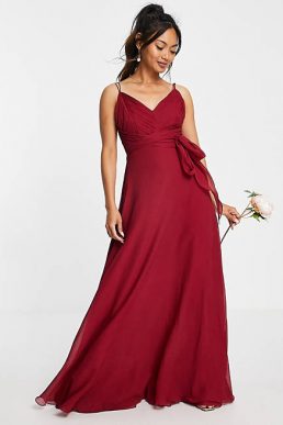 ASOS DESIGN Bridesmaid cami maxi dress with ruched bodice berry red