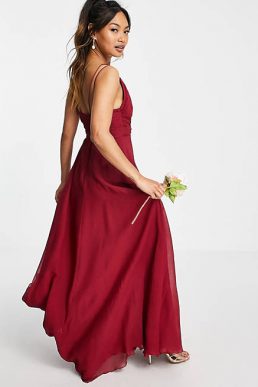 ASOS DESIGN Bridesmaid cami maxi dress with ruched bodice berry red