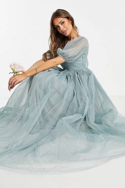 ASOS DESIGN blouson off shoulder tulle puff sleeve maxi dress dusty sage green