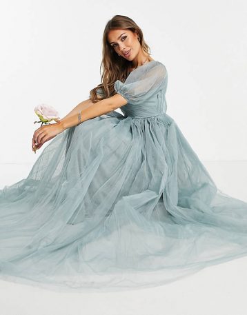 ASOS DESIGN blouson off shoulder tulle puff sleeve maxi dress dusty sage green