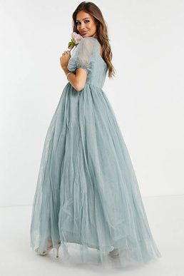 ASOS DESIGN blouson off shoulder tulle puff sleeve maxi dress dusty sage green