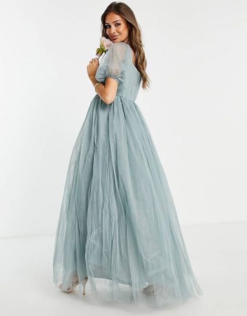 ASOS DESIGN blouson off shoulder tulle puff sleeve maxi dress dusty sage green