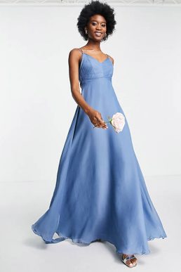 ASOS DESIGN Bridesmaid cami maxi dress with ruched bodice and tie waist light blue