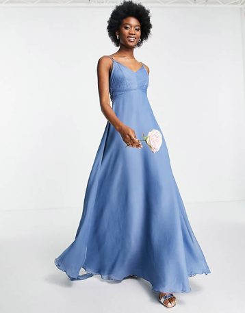 ASOS DESIGN Bridesmaid cami maxi dress with ruched bodice and tie waist light blue