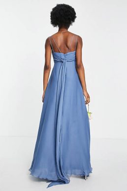 ASOS DESIGN Bridesmaid cami maxi dress with ruched bodice and tie waist light blue