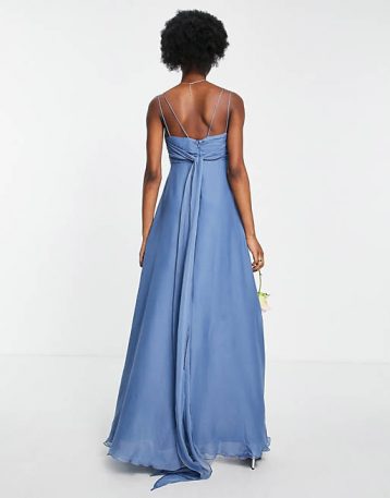 ASOS DESIGN Bridesmaid cami maxi dress with ruched bodice and tie waist light blue