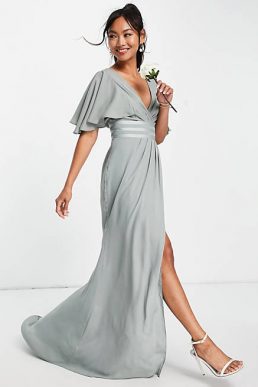 ASOS DESIGN Bridesmaid flutter sleeve maxi dress satin wrap skirt Olive Green