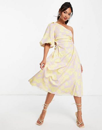 ASOS DESIGN one shoulder puff sleeve floral midi skater dress Multi Yellow