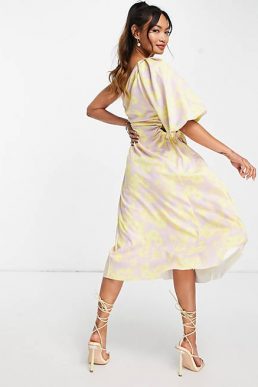ASOS DESIGN one shoulder puff sleeve floral midi skater dress Multi Yellow
