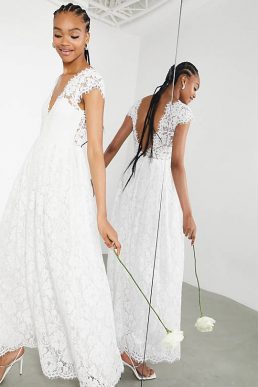 ASOS EDITION Alexandra cap sleeve v neck lace wedding dress Ivory