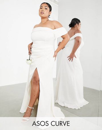 ASOS EDITION Curve Beatrice bardot drape wrap wedding dress Ivory