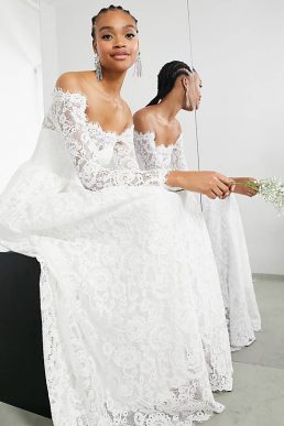 ASOS EDITION Hazel lace long sleeve off shoulder wedding dress Ivory