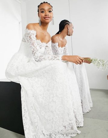 ASOS EDITION Hazel lace long sleeve off shoulder wedding dress Ivory