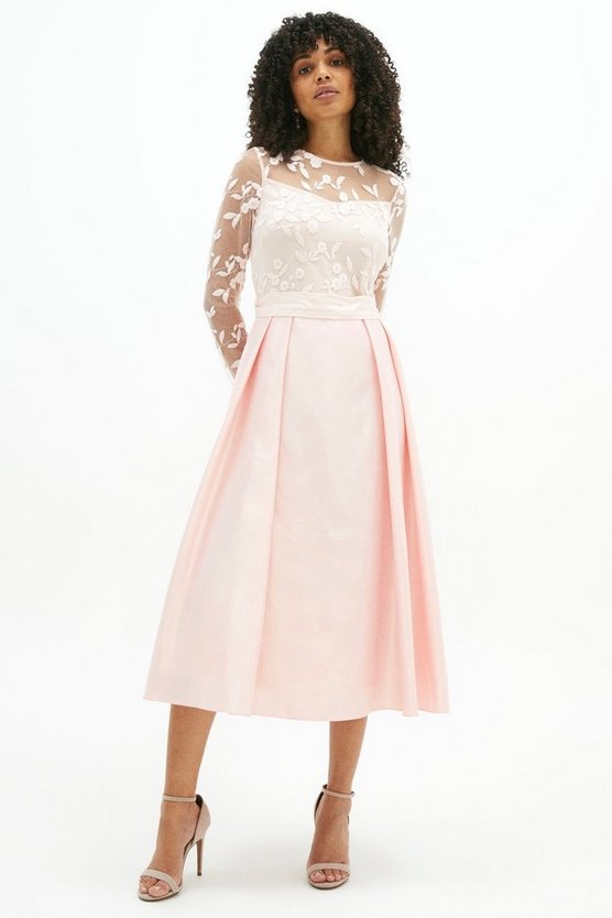 Embroidered Bodice Satin Skirt Dress