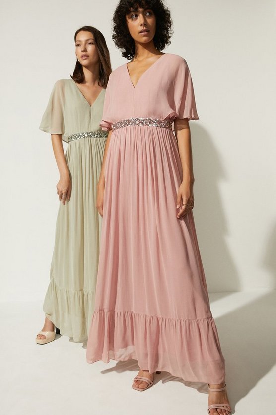 Oasis Plunge V Neck Embellished Waist Maxi Dress