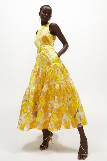 Coast Premium Jacquard Tiered Midaxi Dress Yellow