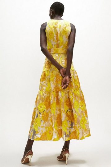 Coast Premium Jacquard Tiered Midaxi Dress Yellow