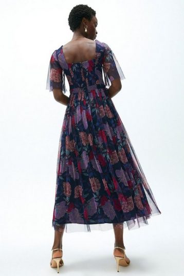 Coast Printed Frill Sleeve Maxi Bridesmaid Dress Purple Multi